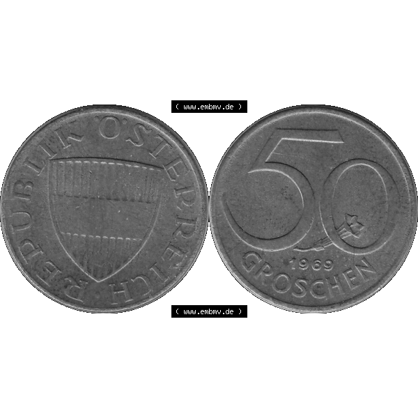 Grau bzw. s/w Alte Münze 50 / Fünfzig Groschen Österreich in original Farbgebung von Scanner transparenten PNG 1959-2001, 50 Groschen 1969-01, Bindenschild. Vorderseite und Rückseite... Sammlung Graustufen
