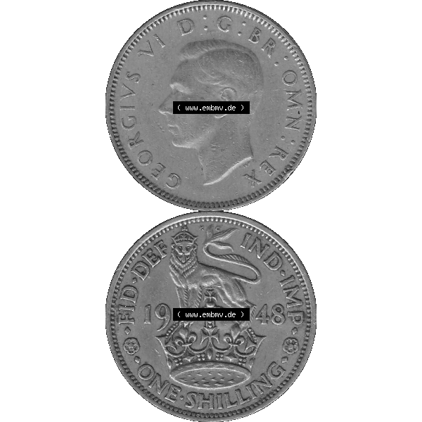 Grau bzw. s/w Alte Münze Großbritannien, Bild in Farbe bzw. Color PNG-Grafik 1947-1948, 1 One Schilling - One Shilling, 1948-07 Stehender gekrönter Löwe auf Krone.... Sammlung Graustufen