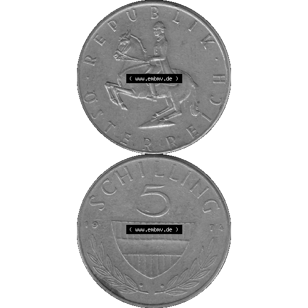 Grau bzw. s/w Alte Münze 5 / Fünf Schilling Österreich in original Farbgebung von Scanner transparenten PNG 1968-2001, 5 Schilling 1974-02, Reiter in der Levade. Vorderseite und... Sammlung Graustufen