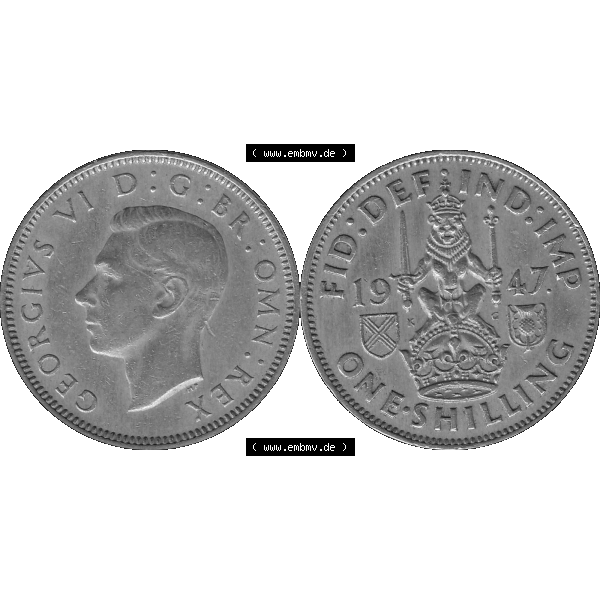 Grau bzw. s/w Alte Münze Großbritannien, Bild in Farbe bzw. Color PNG-Grafik 1947-1948, 1 One Schilling - One Shilling, 1947-01 Sitzender gekrönter Löwe auf Krone.... Sammlung Graustufen
