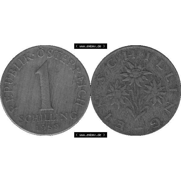 Grau bzw. s/w Alte Münzen Österreich 1 / Ein Schilling 1959-2001, 1 Schilling 1959-01, Ein Shilling Edelweiß. Vorderseite und Rückseite der 1 / Ein Schilling Münze... Sammlung Graustufen