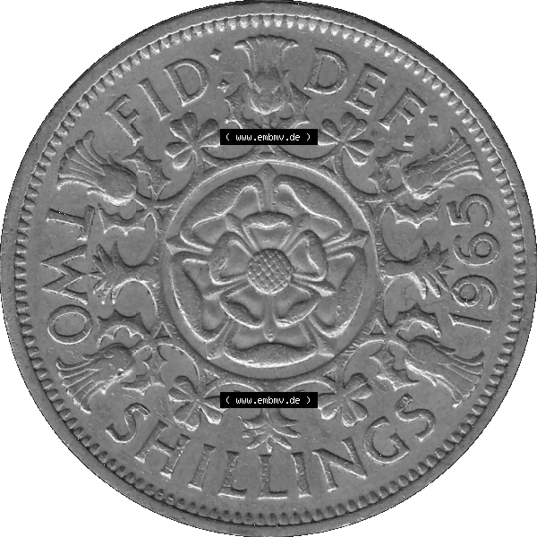 Grau bzw. s/w Alte Münze Großbritannien, Bild in Farbe bzw. Color PNG-Grafik, Umlaufmünze aus dem Zeitraum 1954-1970, 2 Schilling-Florin, Two Shillings, 1965-01 ELIZABETH... Sammlung Graustufen