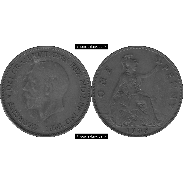 Grau bzw. s/w Alte Münze Großbritannien Umlaufmünze One Penny, 1 Pence 1928-1936, 1 One Penny, 1935-01, George V. BM GEORGIVS V DEI GRABRITTOMNREX FIDDEFINDIMP Graustufen.... Sammlung Graustufen