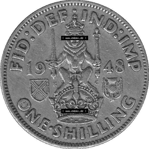 Grau bzw. s/w Alte Münze Großbritannien, Bild in Farbe bzw. Color PNG-Grafik 1947-1948, 1 One Schilling - One Shilling, 1948-02 Sitzender gekrönter Löwe auf Krone.... Sammlung Graustufen