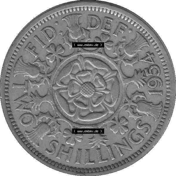 Grau bzw. s/w Alte Münze Großbritannien, Bild in Farbe bzw. Color PNG-Grafik, Umlaufmünze aus dem Zeitraum 1954-1970, 2 Schilling-Florin, Two Shillings, 1954-01 ELIZABETH... Sammlung Graustufen