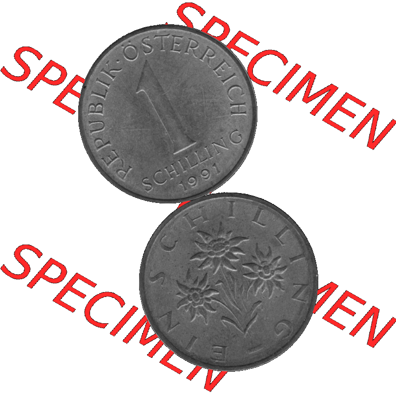 Alte Münzen Österreich 1 / Ein Schilling in Graustufen 1959-2001, 1 Schilling 1991-01 Graustufen. Vorderseite und Rückseite in Graustufen der 1 / Ein Schilling-Münze... Sammlung
