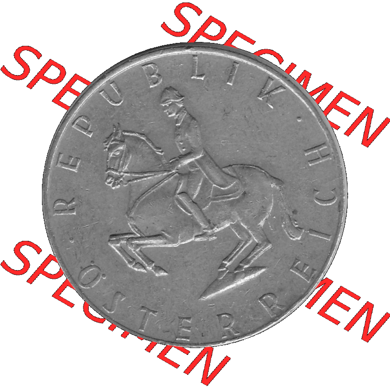 Alte Münze 5 / Fünf Schilling Österreich in s/w Schwarzweiß bzw. Graustufen Farbgebung von Scanner transparenten PNG 1968-2001, 5 Schilling 1974-02, Reiter... Sammlung