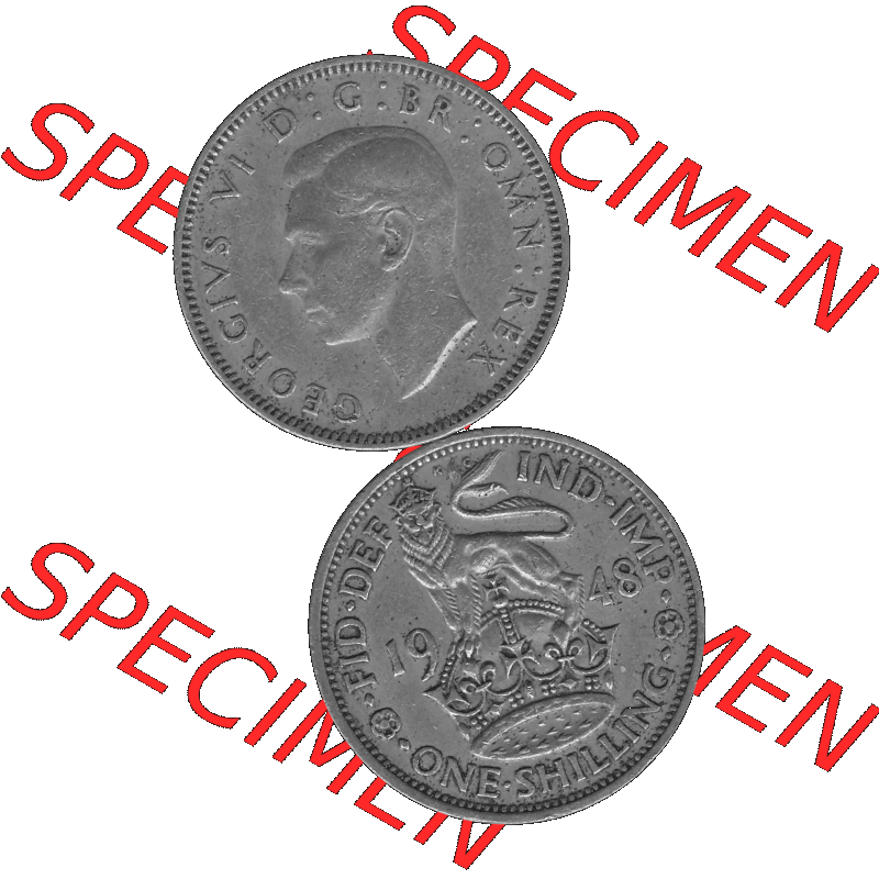 Alte Münze Großbritannien, Bild in s/w bzw. Graustufen PNG-Grafik 1947-1948, 1 One Schilling - One Shilling, 1948-05 Stehender gekrönter Löwe auf Krone... Sammlung
