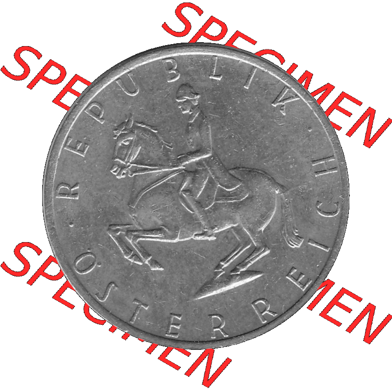 Alte Münze 5 / Fünf Schilling Österreich in s/w Schwarzweiß bzw. Graustufen Farbgebung von Scanner transparenten PNG 1968-2001, 5 Schilling 1984-01, Reiter... Sammlung