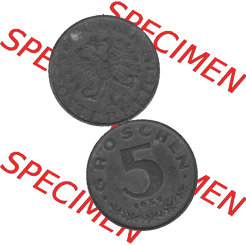 Alte Münzen Österreich 5 / Fünf Groschen in s/w / grau / Graustufen 1948-1994, 5 Groschen 1951-01 Graustufen. Vorderseite und Rückseite in Graustufen der... Sammlung