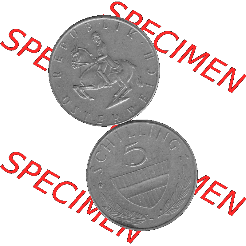 Alte Münze 5 / Fünf Schilling Österreich in s/w Schwarzweiß bzw. Graustufen Farbgebung von Scanner transparenten PNG 1968-2001, 5 Schilling 1974-02, Reiter... Sammlung
