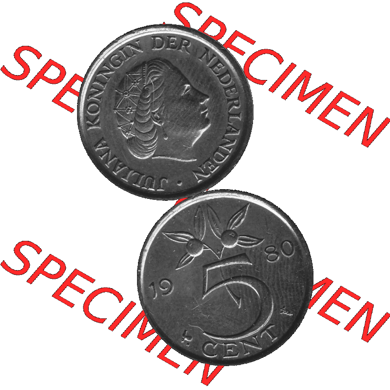 Alte Münze Niederlande in Grau 1950-1980, 5 Cent Königin Juliana 1980-01 Graustufen. Vorderseite und Rückseite vertikal auf einen digitalen in grau / Graustufen umgewandeltes... Sammlung