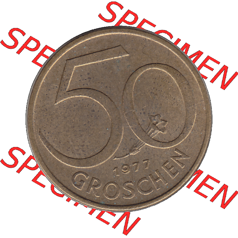 Alte Münze 50 / Fünfzig Groschen Österreich in original Farbgebung von Scanner transparenten PNG 1959-2001, 50 Groschen 1977-01, Bindenschild. Rückseite der alten... Sammlung