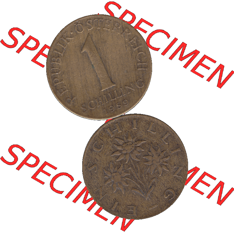 Alte Münzen Österreich 1 / Ein Schilling 1959-2001, 1 Schilling 1959-01, Ein Shilling Edelweiß. Vorderseite und Rückseite der Kursmünze 1 / Ein Schilling... Sammlung