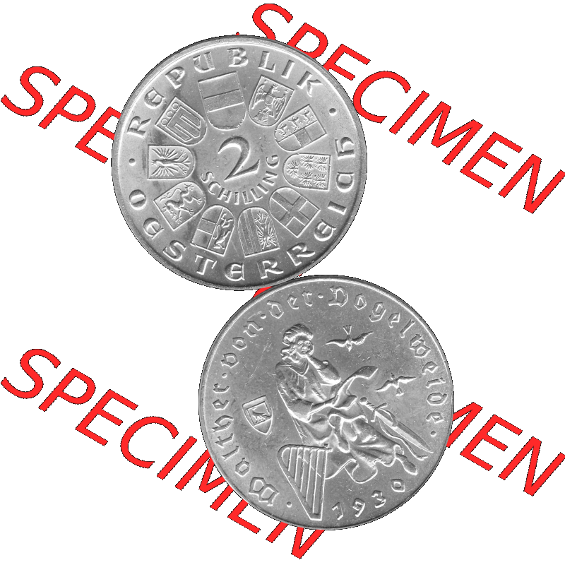 Alte Münze Österreich 1930-1930, 2 Schilling 1930-01, Silbermünze Walter von der Vogelweide 1170-1230, Minnesänger Graustufen. Vorderseite und Rückseite... Sammlung