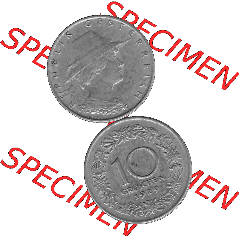 Alte Münze 10 / Zehn Groschen Österreich in s/w Schwarzweiß bzw. Graustufen Farbgebung von Scanner transparenten PNG 1925-1929, 10 Groschen 1929-01, VS Triolerien,... Sammlung