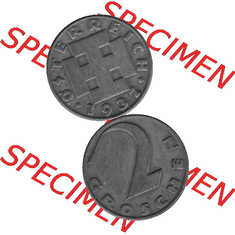 Alte Münze 2 / Zwei Groschen Österreich in s/w Schwarzweiß bzw. Graustufen Farbgebung von Scanner transparenten PNG 1925-1938, 2 Zwei Groschen, Krückenkreuz... Sammlung