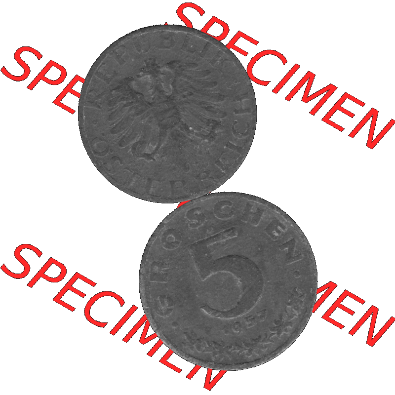 Alte Münzen Österreich 5 / Fünf Groschen in s/w / grau / Graustufen 1948-1994, 5 Groschen 1957-01 Graustufen. Vorderseite und Rückseite in Graustufen der... Sammlung