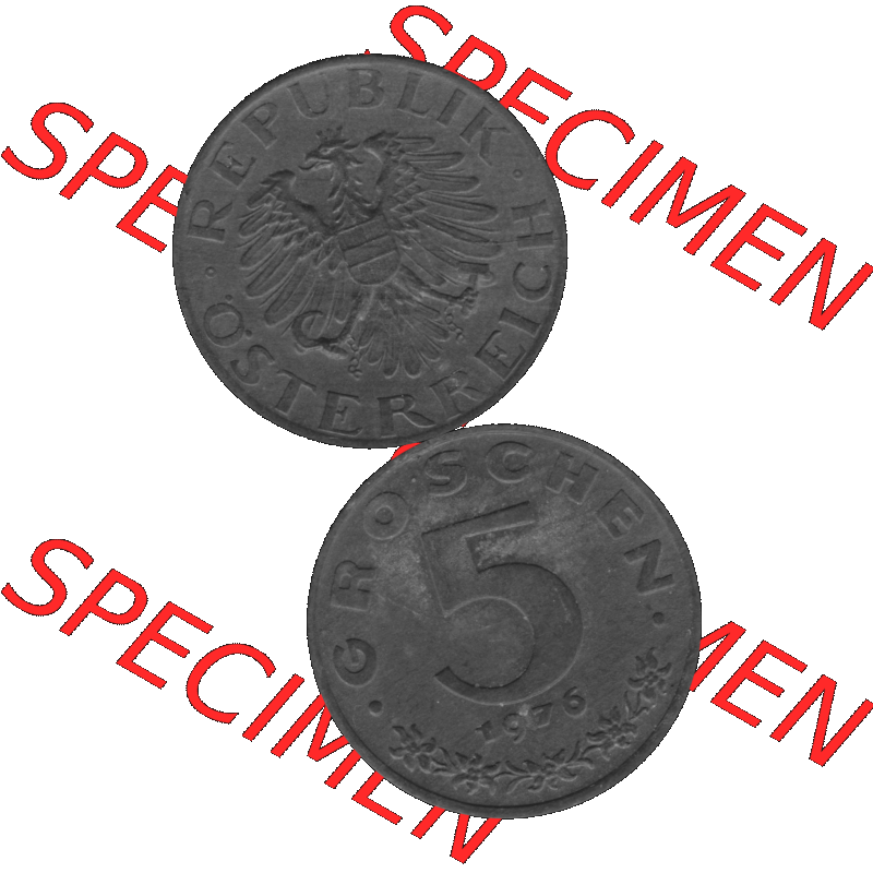 Alte Münzen Österreich 5 / Fünf Groschen in s/w / grau / Graustufen 1948-1994, 5 Groschen 1976-01 Graustufen. Vorderseite und Rückseite in Graustufen der... Sammlung