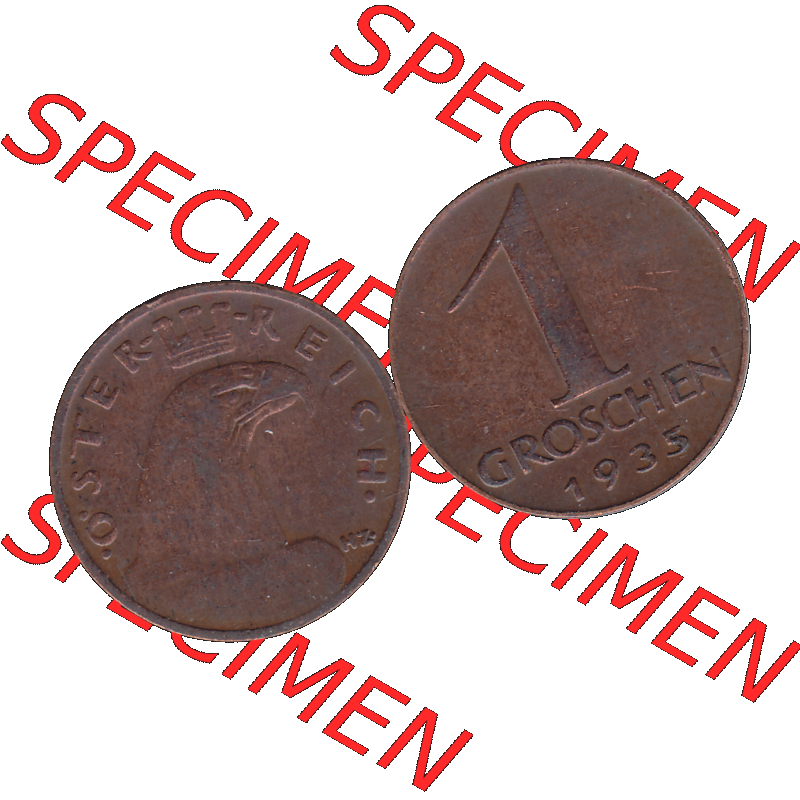 Alte Münze 1 / Ein Groschen Österreich in original Farbgebung von Scanner transparenten PNG 1925-1938, 1-Ein Groschen, Adlerkopf mit Mauerkrone 1935-01. Vorderseite und... Sammlung