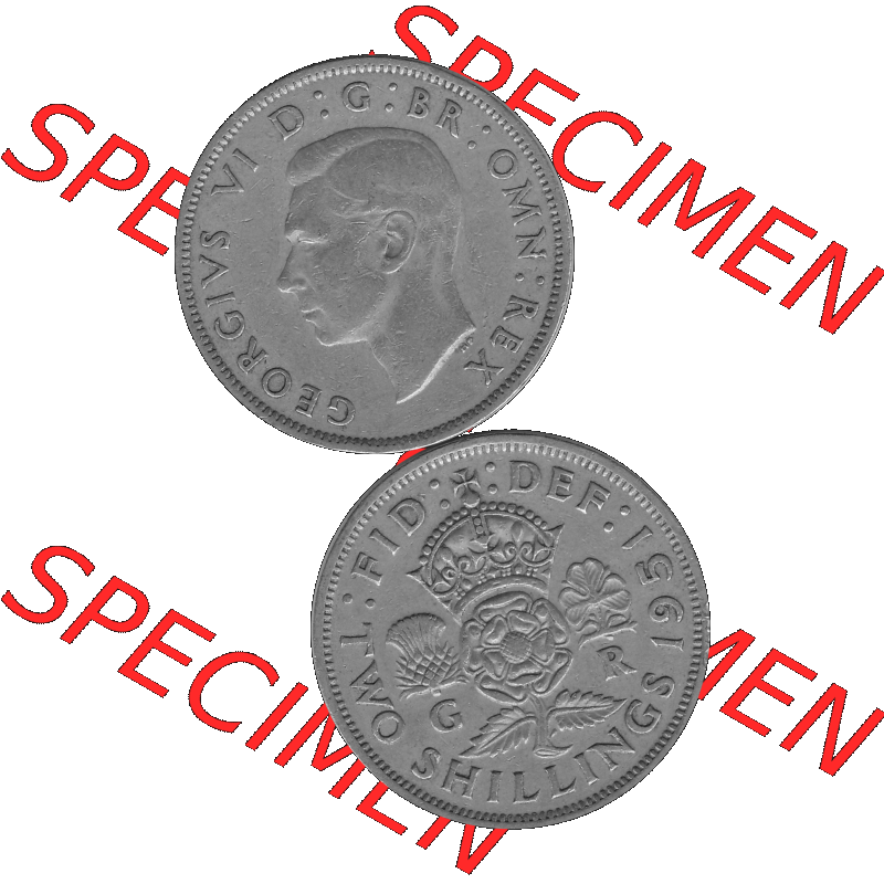 Alte Münze Großbritannien, Bild in s/w bzw. Graustufen PNG-Grafik, Umlaufmünze aus dem Zeitraum 1949-1951, 2 Schilling-Florin, Two Shillings, 1951-01,... Sammlung