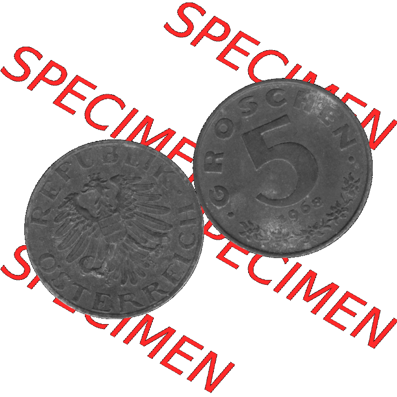 Alte Münzen Österreich 5 / Fünf Groschen in s/w / grau / Graustufen 1948-1994, 5 Groschen 1968-02 Graustufen. Vorderseite und Rückseite der Österreich... Sammlung