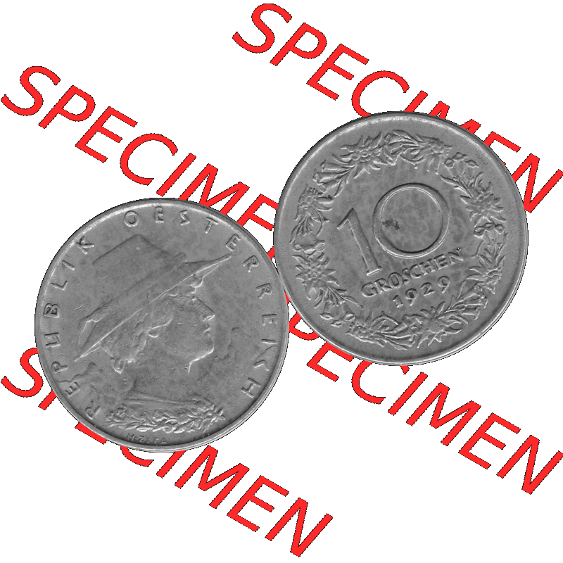 Alte Münze 10 / Zehn Groschen Österreich in s/w Schwarzweiß bzw. Graustufen Farbgebung von Scanner transparenten PNG 1925-1929, 10 Groschen 1929-01, VS Triolerien,... Sammlung