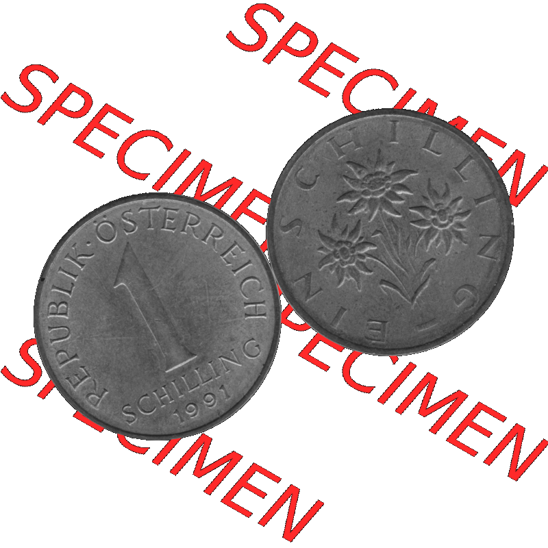Alte Münzen Österreich 1 / Ein Schilling in Graustufen 1959-2001, 1 Schilling 1991-01 Graustufen. Vorderseite und Rückseite der Österreich Zweite Republik 1 / Ein... Sammlung