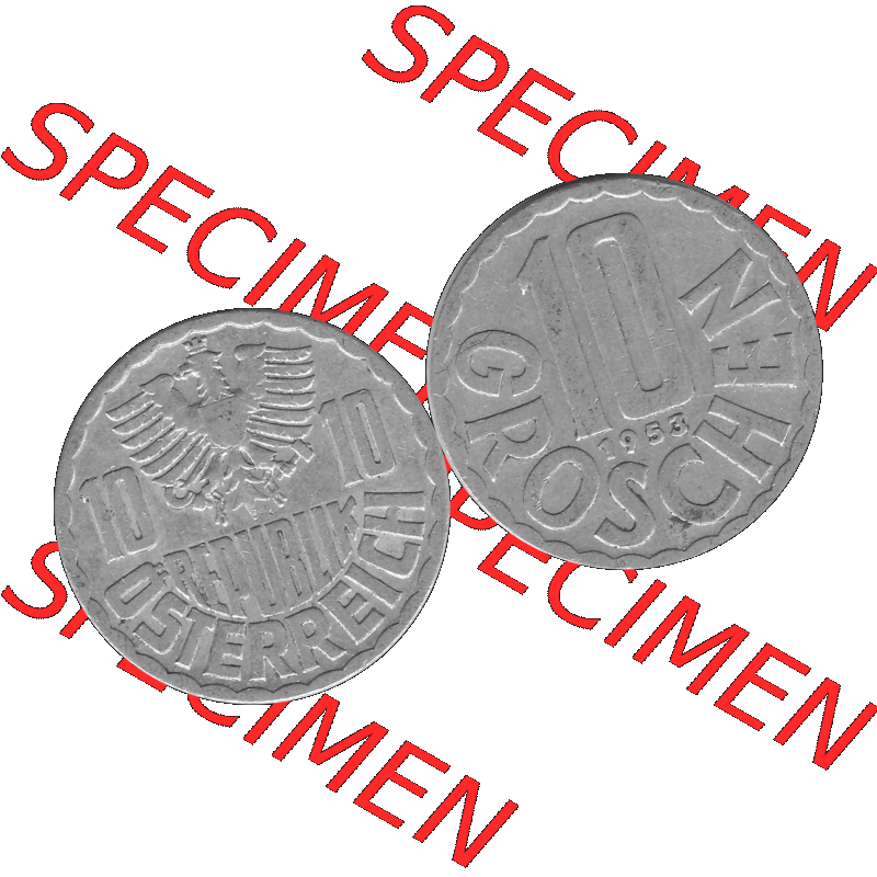 Alte Münze 10 / Zehn Groschen Österreich in s/w Schwarzweiß bzw. Graustufen Farbgebung von Scanner transparenten PNG 1951-2001, 10 Groschen 1953-01 Graustufen.... Sammlung