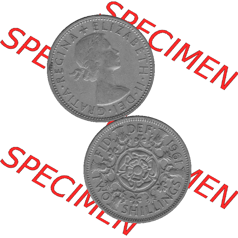 Alte Münze Großbritannien, Bild in s/w bzw. Graustufen PNG-Grafik, Umlaufmünze aus dem Zeitraum 1954-1970, 2 Schilling-Florin, Two Shillings, 1961-03... Sammlung