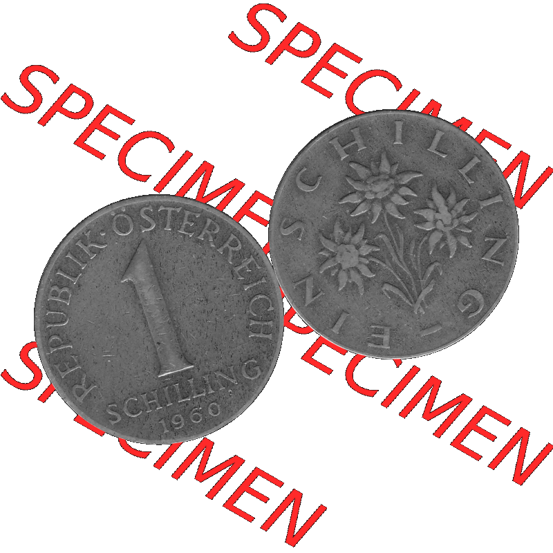 Alte Münzen Österreich 1 / Ein Schilling in Graustufen 1959-2001, 1 Schilling 1960-01, Ein Shilling Edelweiß Graustufen. Vorderseite und Rückseite der Österreich... Sammlung