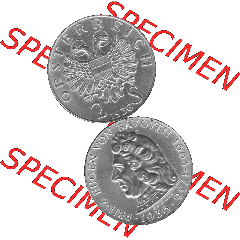 Alte Münze Österreich 1936-1936, 2 Schilling 1936-01 Silbermünze Prinz von Savoyen 1663-1736, 12 Gramm 640er Silber Graustufen. Vorderseite und Rückseite in Graustufen... Sammlung