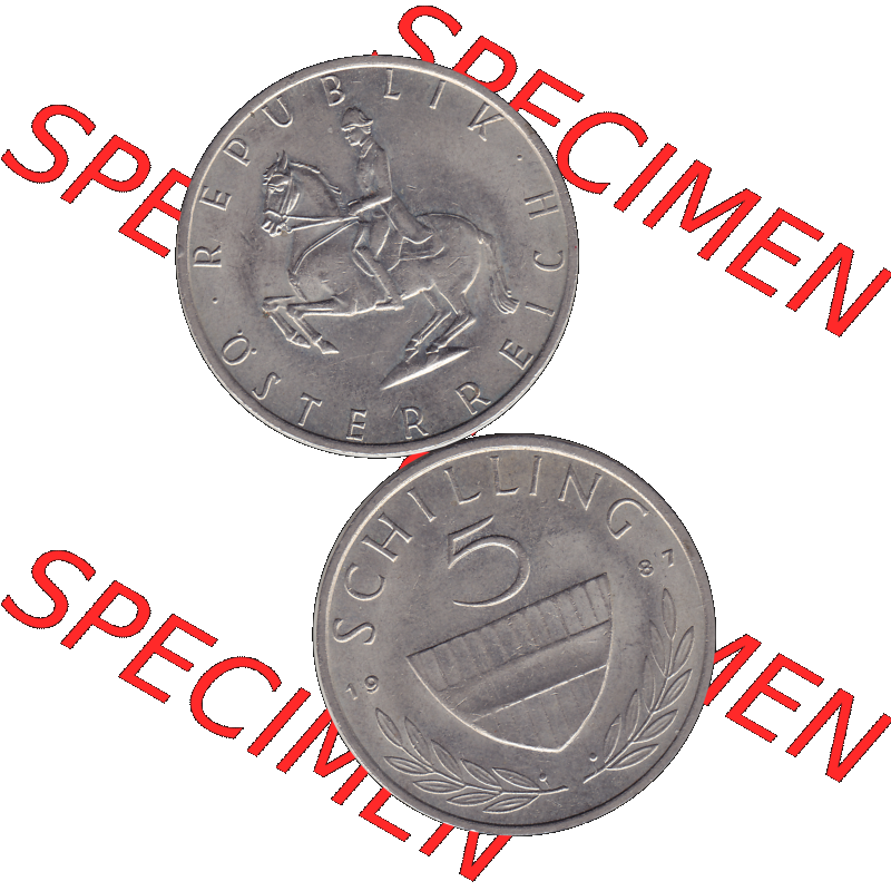 Alte Münze 5 / Fünf Schilling Österreich in original Farbgebung von Scanner transparenten PNG 1968-2001, 5 Schilling 1987-02, Reiter in der Levade. Vorderseite und... Sammlung