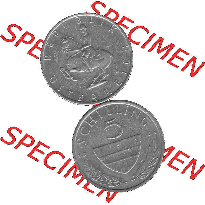 Alte Münze 5 / Fünf Schilling Österreich in s/w Schwarzweiß bzw. Graustufen Farbgebung von Scanner transparenten PNG 1968-2001, 5 Schilling 1984-02, Reiter... Sammlung