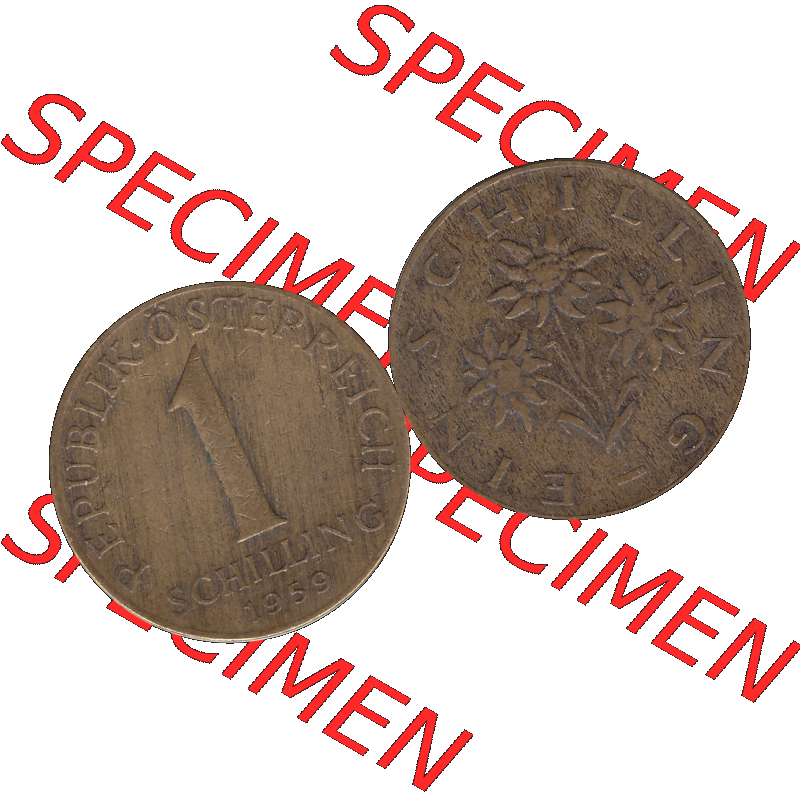 Alte Münzen Österreich 1 / Ein Schilling 1959-2001, 1 Schilling 1959-01, Ein Shilling Edelweiß. Vorderseite und Rückseite der 1 / Ein Schilling Münze... Sammlung