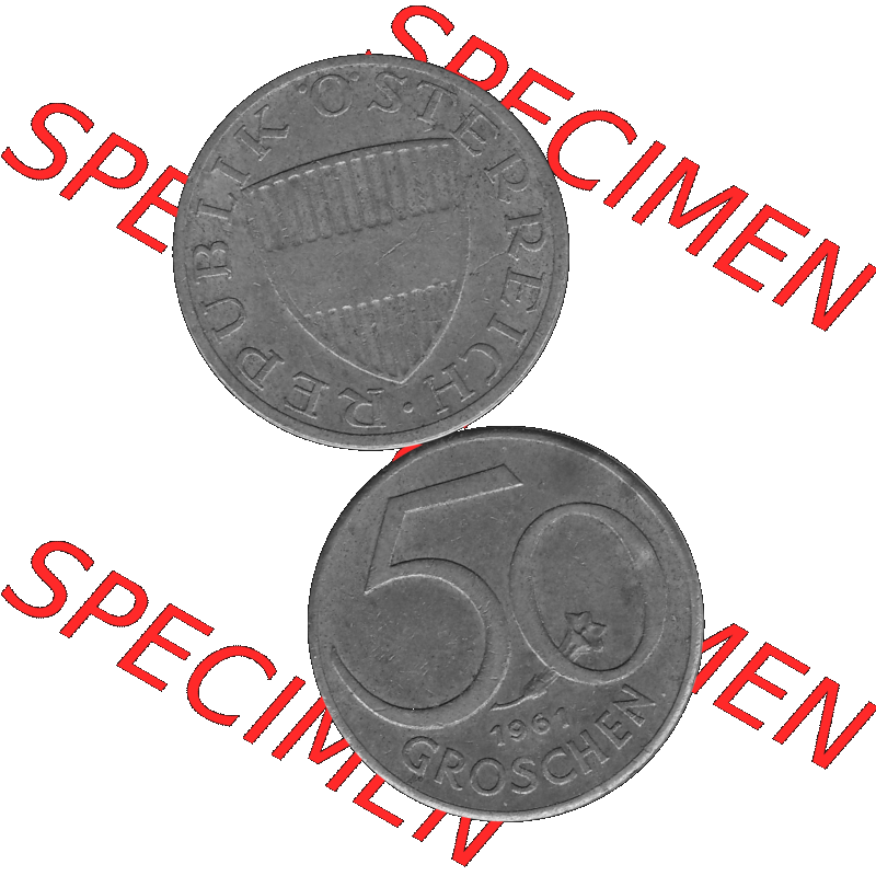 Alte Münze 50 / Fünfzig Groschen Österreich in s/w Schwarzweiß bzw. Graustufen Farbgebung von Scanner transparenten PNG 1959-2001, 50 Groschen 1961-01, Bindenschild... Sammlung