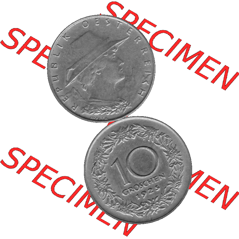 Alte Münze 10 / Zehn Groschen Österreich in s/w Schwarzweiß bzw. Graustufen Farbgebung von Scanner transparenten PNG 1925-1929, 10 Groschen 1925-01, VS Triolerien,... Sammlung
