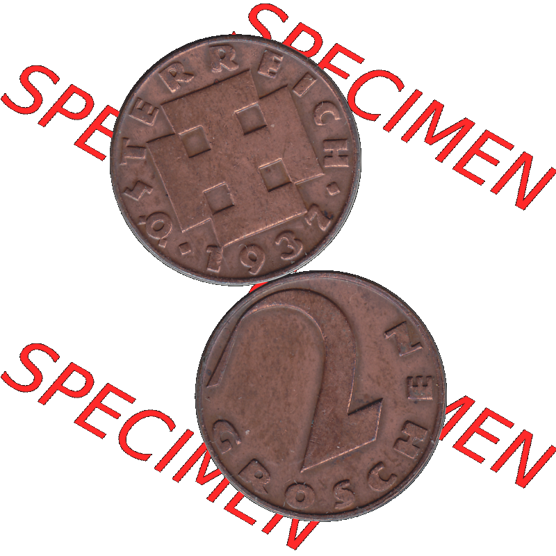 Alte Münze 2 / Zwei Groschen Österreich in original Farbgebung von Scanner transparenten PNG 1925-1938, 2 Zwei Groschen, Krückenkreuz 1937-01. Vorderseite und Rückseite... Sammlung