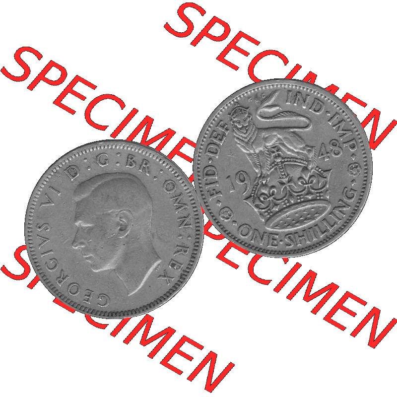 Alte Münze Großbritannien, Bild in s/w bzw. Graustufen PNG-Grafik 1947-1948, 1 One Schilling - One Shilling, 1948-08 Stehender gekrönter Löwe auf Krone... Sammlung