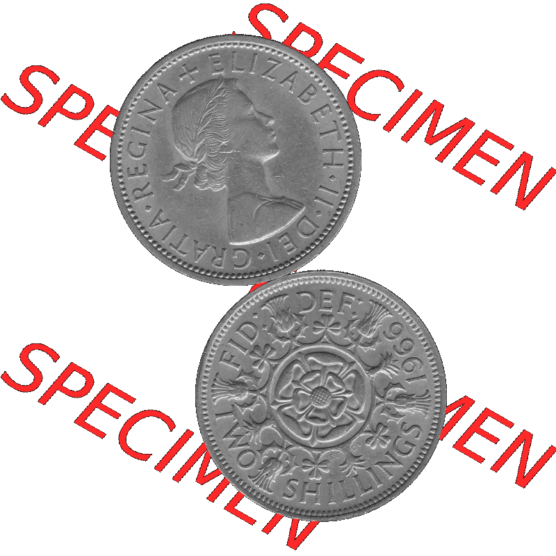 Alte Münze Großbritannien, Bild in s/w bzw. Graustufen PNG-Grafik, Umlaufmünze aus dem Zeitraum 1954-1970, 2 Schilling-Florin, Two Shillings, 1966-01... Sammlung