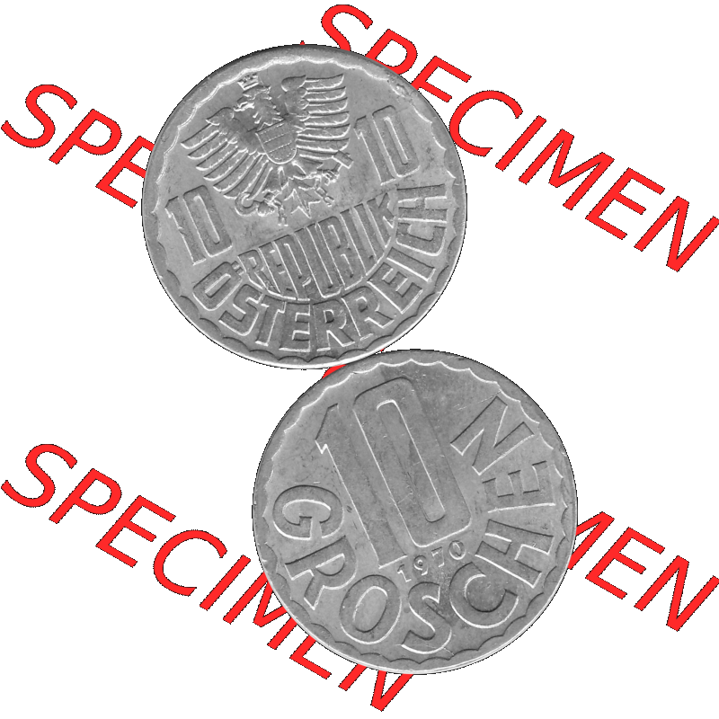 Alte Münze 10 / Zehn Groschen Österreich in s/w Schwarzweiß bzw. Graustufen Farbgebung von Scanner transparenten PNG 1951-2001, 10 Groschen 1970-01 Graustufen.... Sammlung