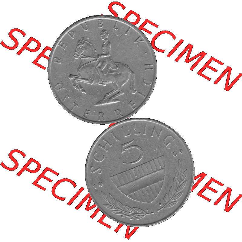 Alte Münze 5 / Fünf Schilling Österreich in s/w Schwarzweiß bzw. Graustufen Farbgebung von Scanner transparenten PNG 1968-2001, 5 Schilling 1969-02, Reiter... Sammlung