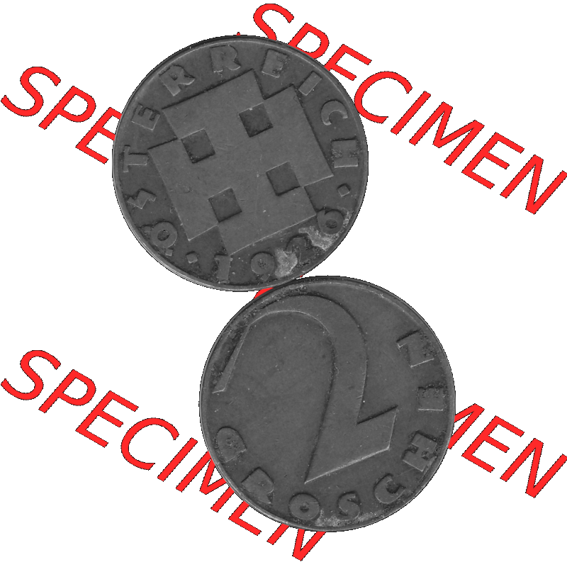 Alte Münze 2 / Zwei Groschen Österreich in s/w Schwarzweiß bzw. Graustufen Farbgebung von Scanner transparenten PNG 1925-1938, 2 Zwei Groschen, Krückenkreuz... Sammlung
