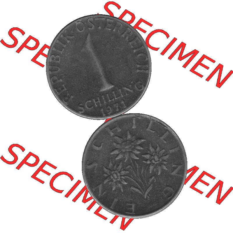 Alte Münzen Österreich 1 / Ein Schilling in Graustufen 1959-2001, 1 Schilling 1971-01, Ein Shilling Edelweiß Graustufen. Vorderseite und Rückseite in Graustufen... Sammlung