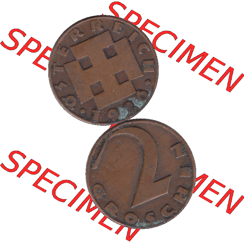 Alte Münze 2 / Zwei Groschen Österreich in original Farbgebung von Scanner transparenten PNG 1925-1938, 2 Zwei Groschen, Krückenkreuz 1926-03. Vorderseite und Rückseite... Sammlung
