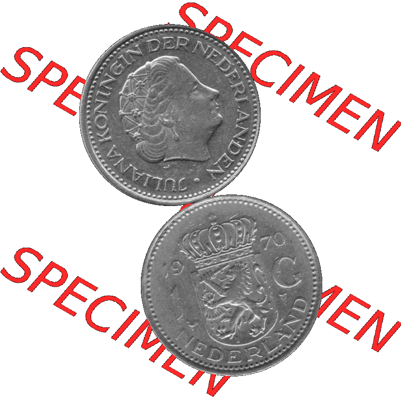 Alte Münze Niederlande in Grau 1967-1980, 1 Gulden Königin Juliana 1970-01. Graustufen. Vorderseite und Rückseite vertikal auf einen digitalen Bild in grau / Graustufen... Sammlung