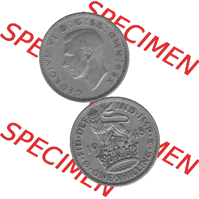 Alte Münze Großbritannien, Bild in s/w bzw. Graustufen PNG-Grafik 1947-1948, 1 One Schilling - One Shilling, 1948-08 Stehender gekrönter Löwe auf Krone... Sammlung