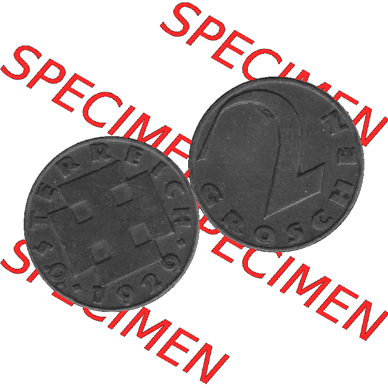 Alte Münze 2 / Zwei Groschen Österreich in s/w Schwarzweiß bzw. Graustufen Farbgebung von Scanner transparenten PNG 1925-1938, 2 Zwei Groschen, Krückenkreuz... Sammlung