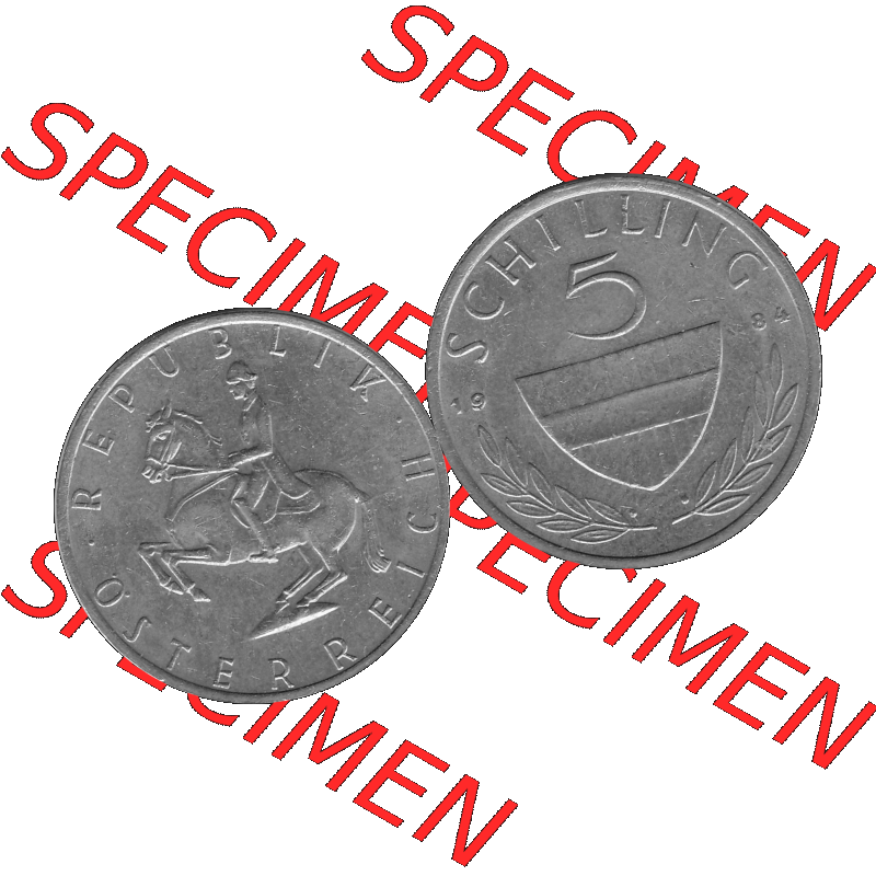 Alte Münze 5 / Fünf Schilling Österreich in s/w Schwarzweiß bzw. Graustufen Farbgebung von Scanner transparenten PNG 1968-2001, 5 Schilling 1984-01, Reiter... Sammlung