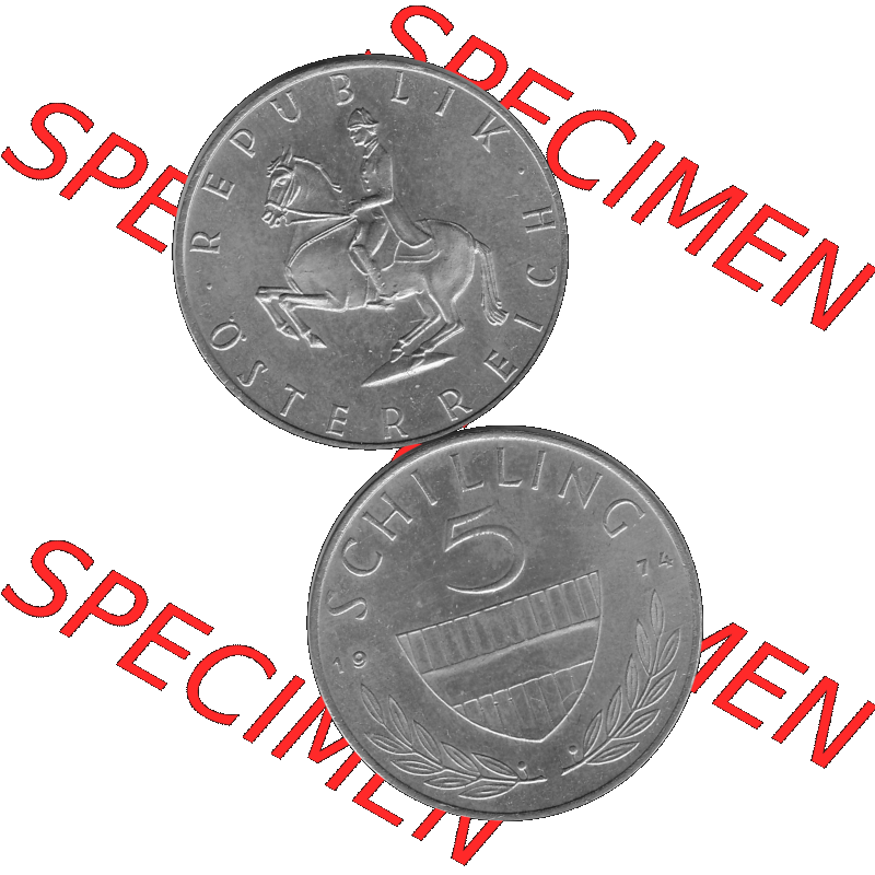 Alte Münze 5 / Fünf Schilling Österreich in s/w Schwarzweiß bzw. Graustufen Farbgebung von Scanner transparenten PNG 1968-2001, 5 Schilling 1974-01, Reiter... Sammlung